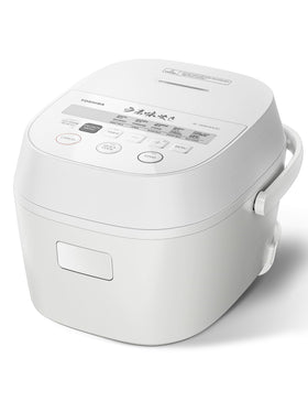 TOSHIBA OriginTaste rice cooker white exterior for compact kitchen use and stylishly modern meals.