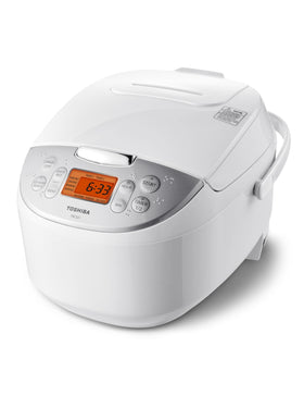 Toshiba rice cooker 6-cup uncooked front view showing compact family-friendly appliance for convenient family meals.