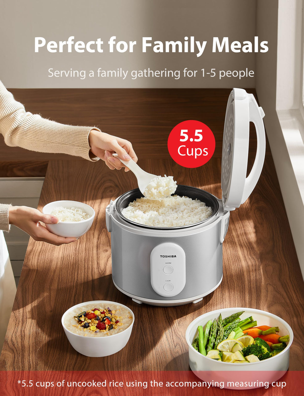 TOSHIBA rice cooker condensation collector helps keep counters tidy during steaming.