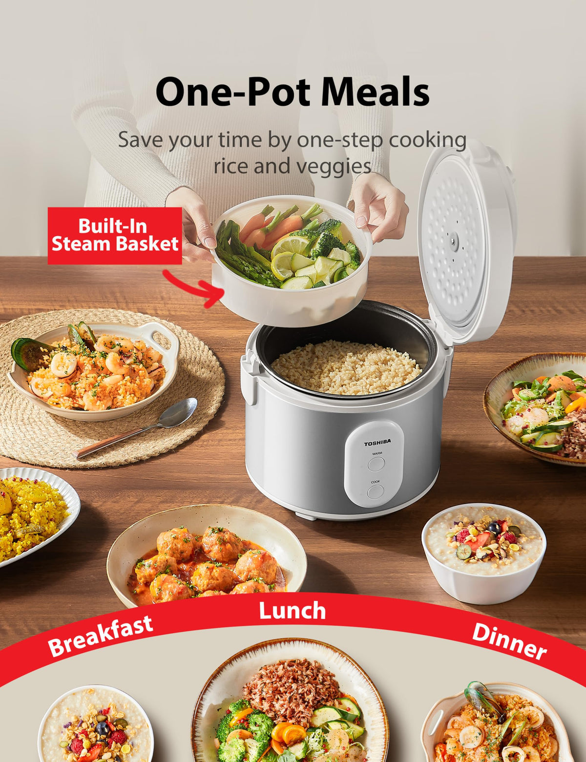 TOSHIBA rice cooker detachable inner lid for quick, thorough cleaning.