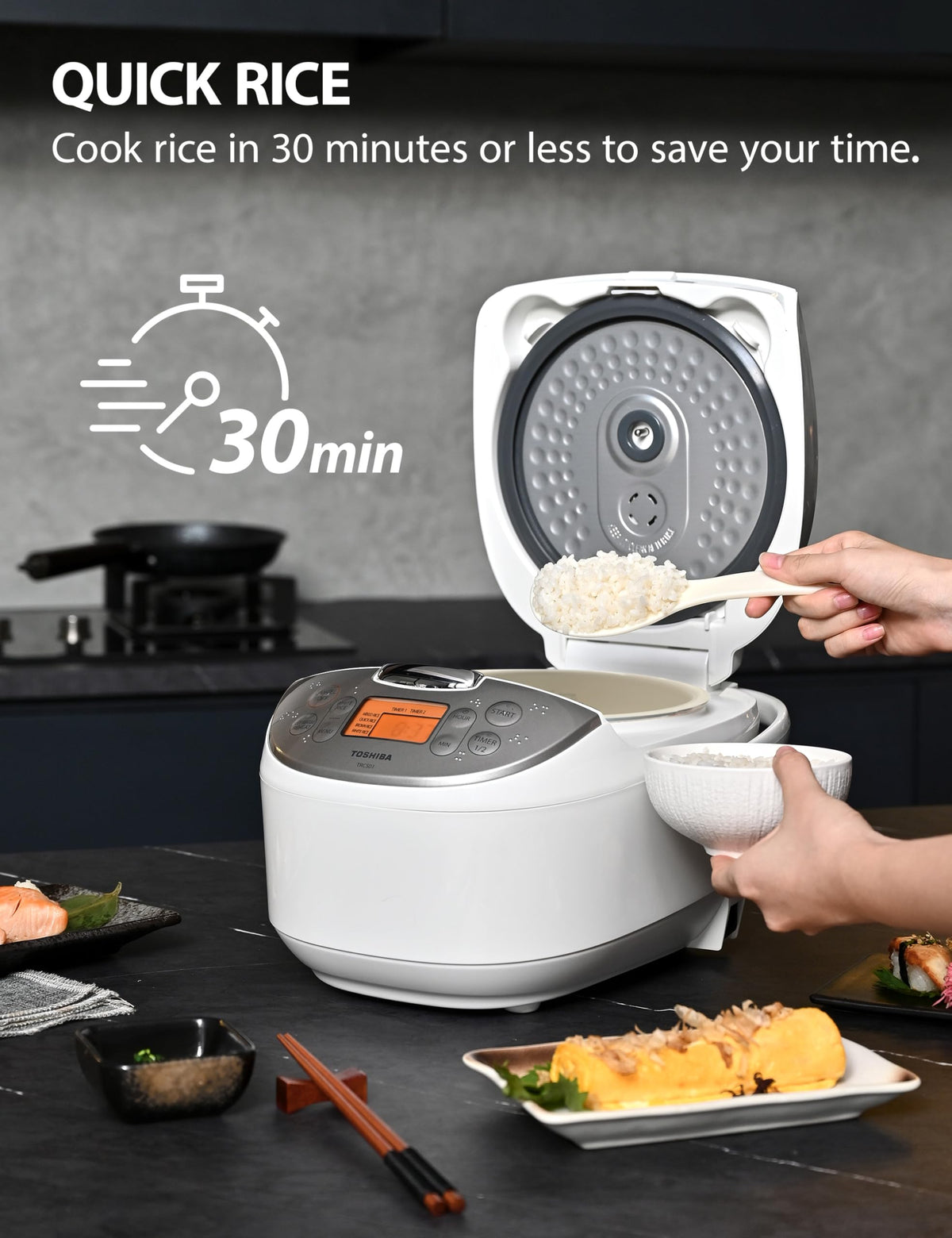 Toshiba rice cooker digital display with easy program selection.