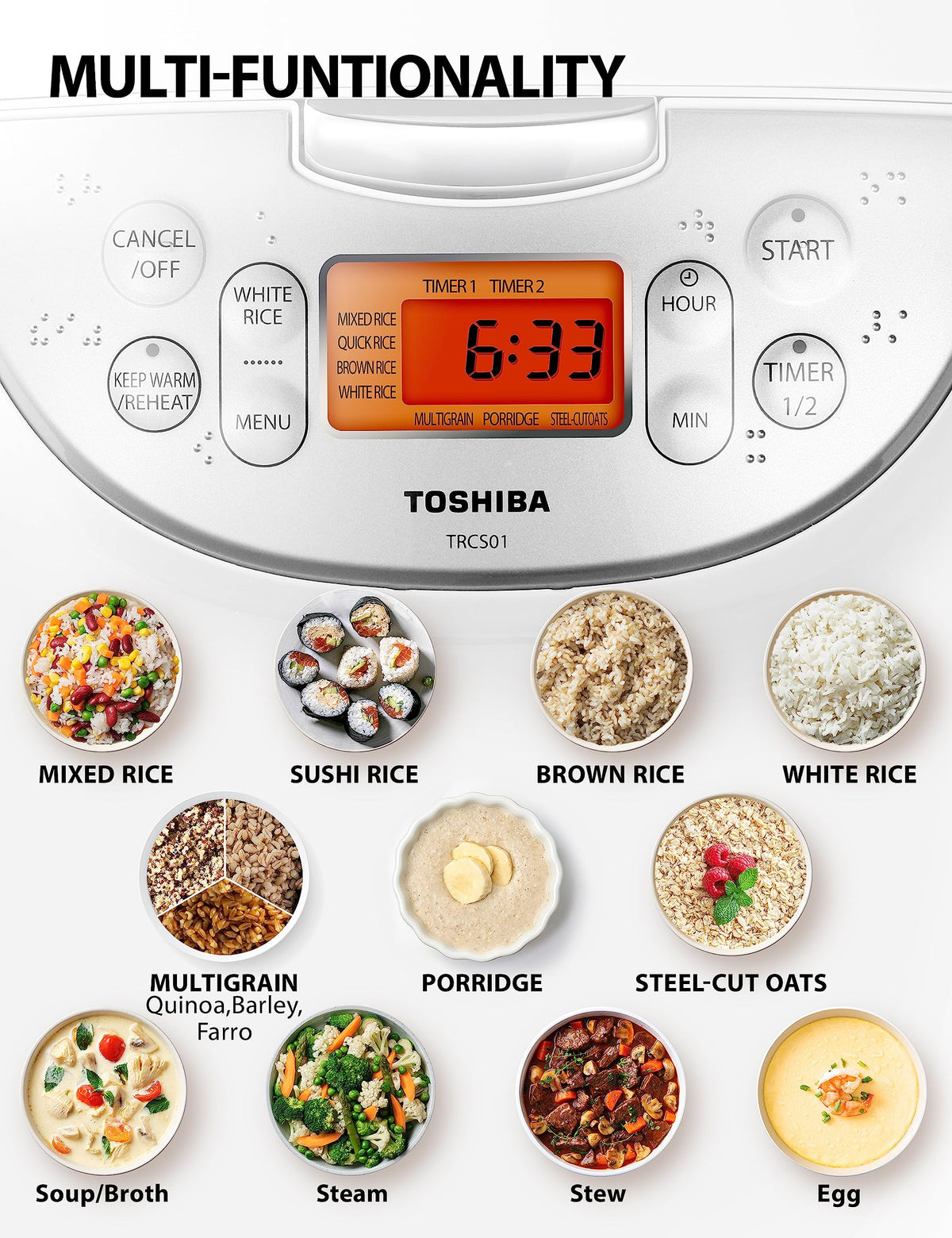 Toshiba rice cooker fuzzy-logic control adjusts heat for fluffy texture.
