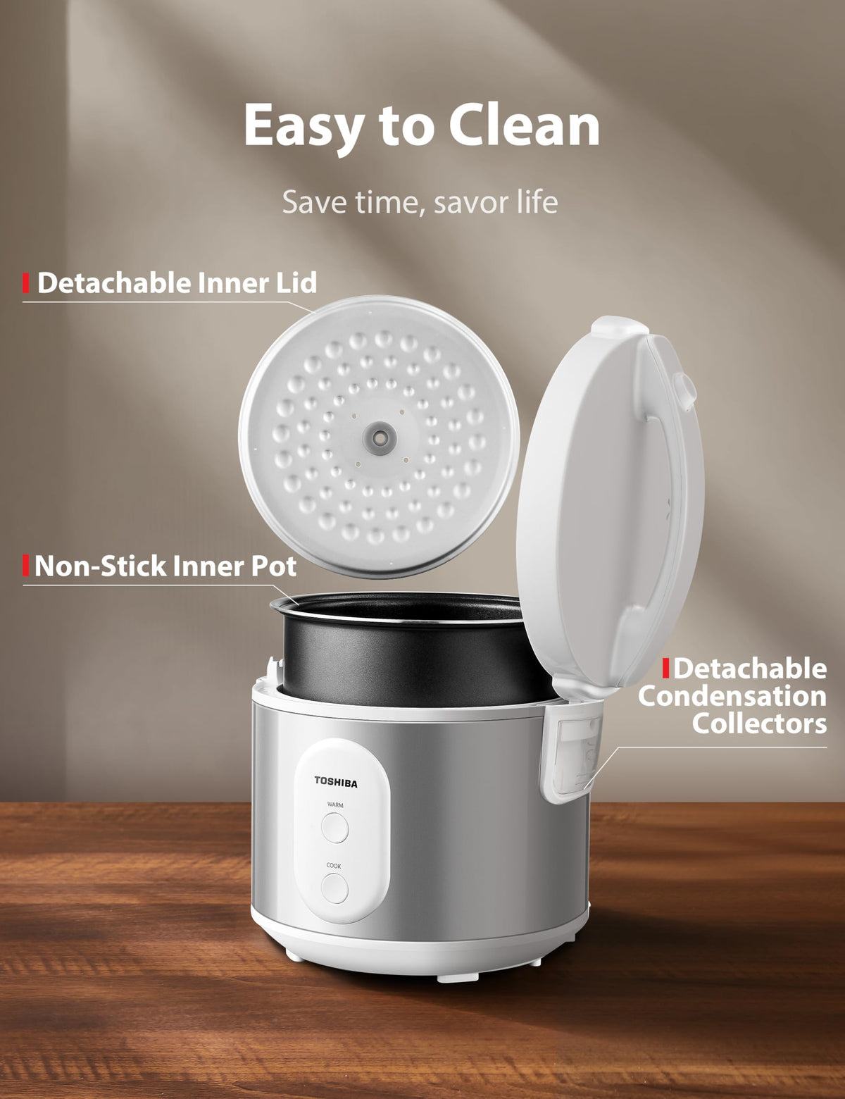 TOSHIBA rice cooker keep-warm function preserves texture for later servings.