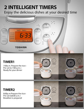 Toshiba rice cooker non-stick inner pot simplifies cooking and cleaning.