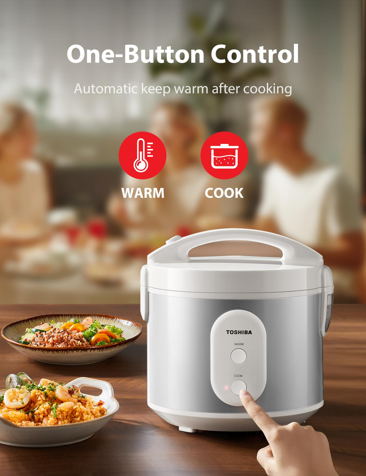 TOSHIBA rice cooker with non-stick inner pot for easy cleaning after cooking.