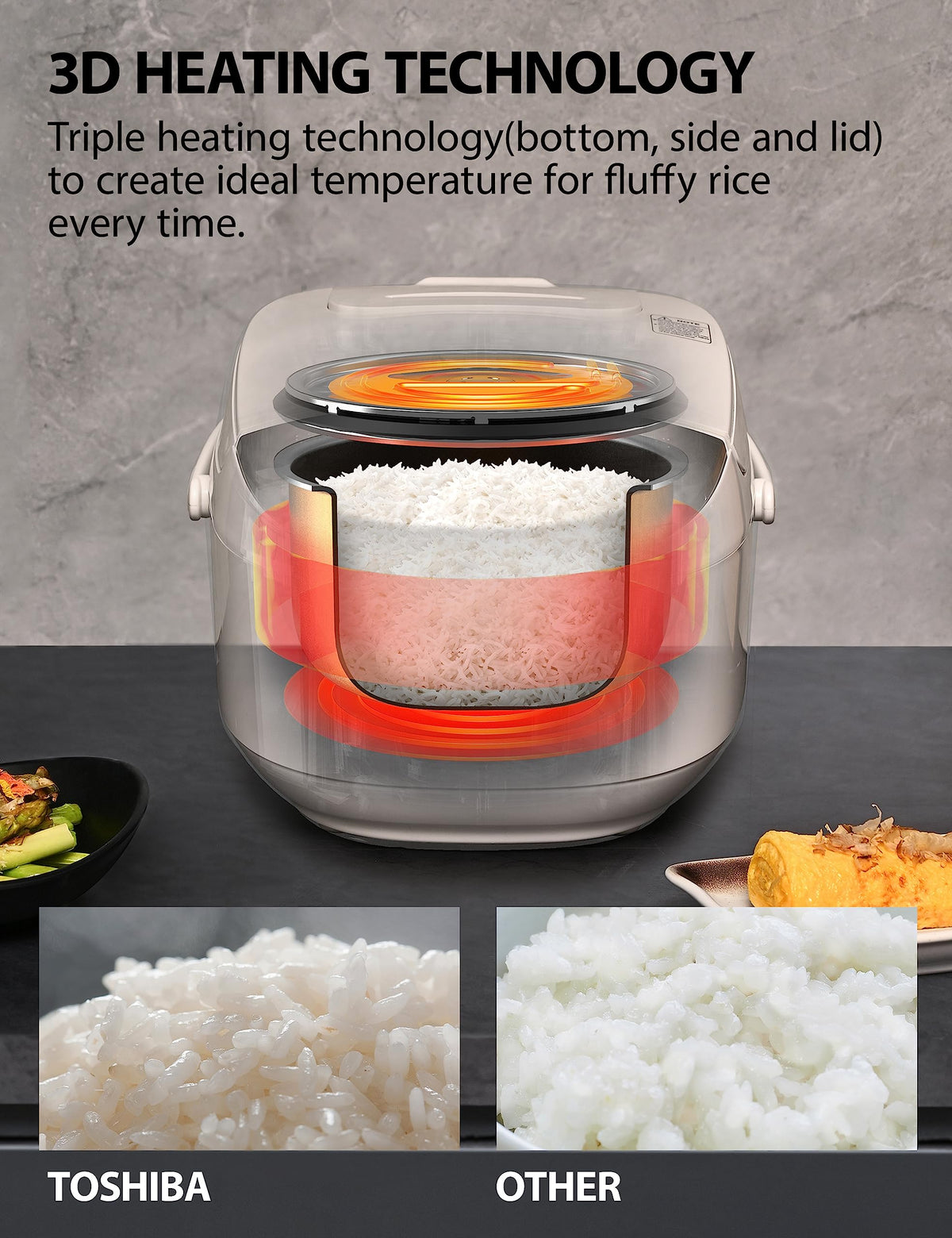 Toshiba rice cooker steam basket in use enables healthy vegetable steam.
