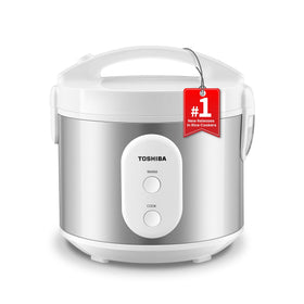 TOSHIBA rice cooker front view showing a compact family-friendly silhouette.