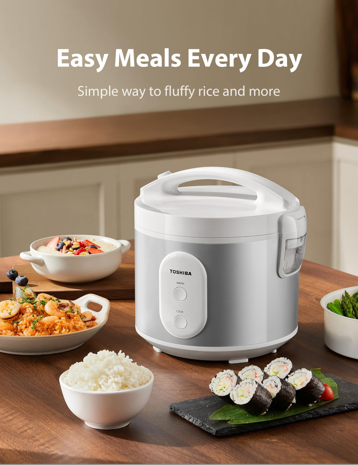 TOSHIBA rice cooker with steaming basket enables simultaneous rice and vegetable steaming.