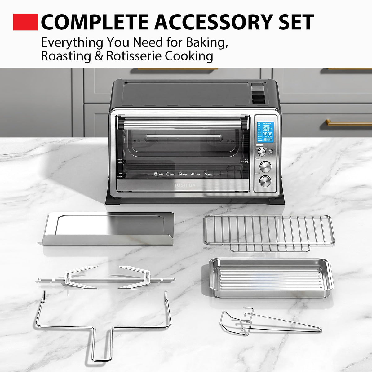 TOSHIBA stainless-steel countertop oven on a kitchen counter, compact footprint.