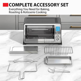 TOSHIBA stainless-steel countertop oven on a kitchen counter, compact footprint.