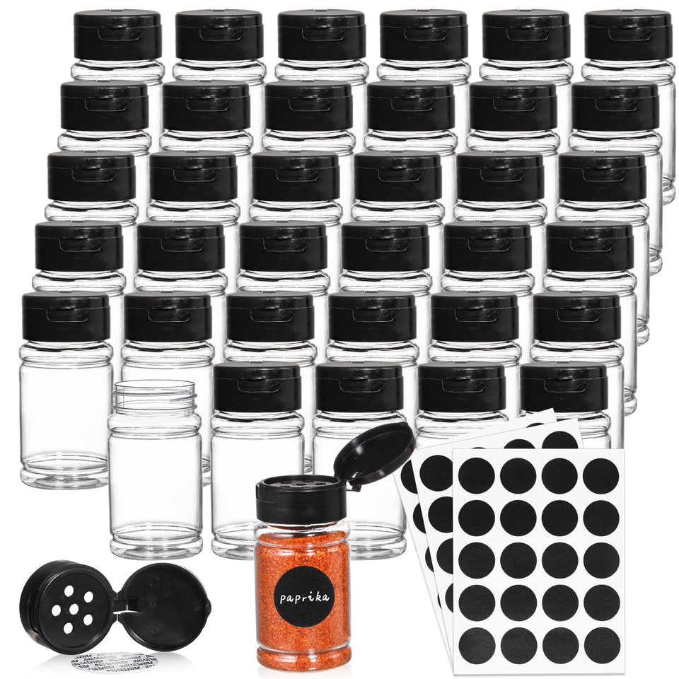 Tosnail 36-pack clear spice bottles ready for bulk storage and quick content checks