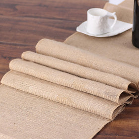 Tosnail burlap table runner close-up edge stitching on dining setup