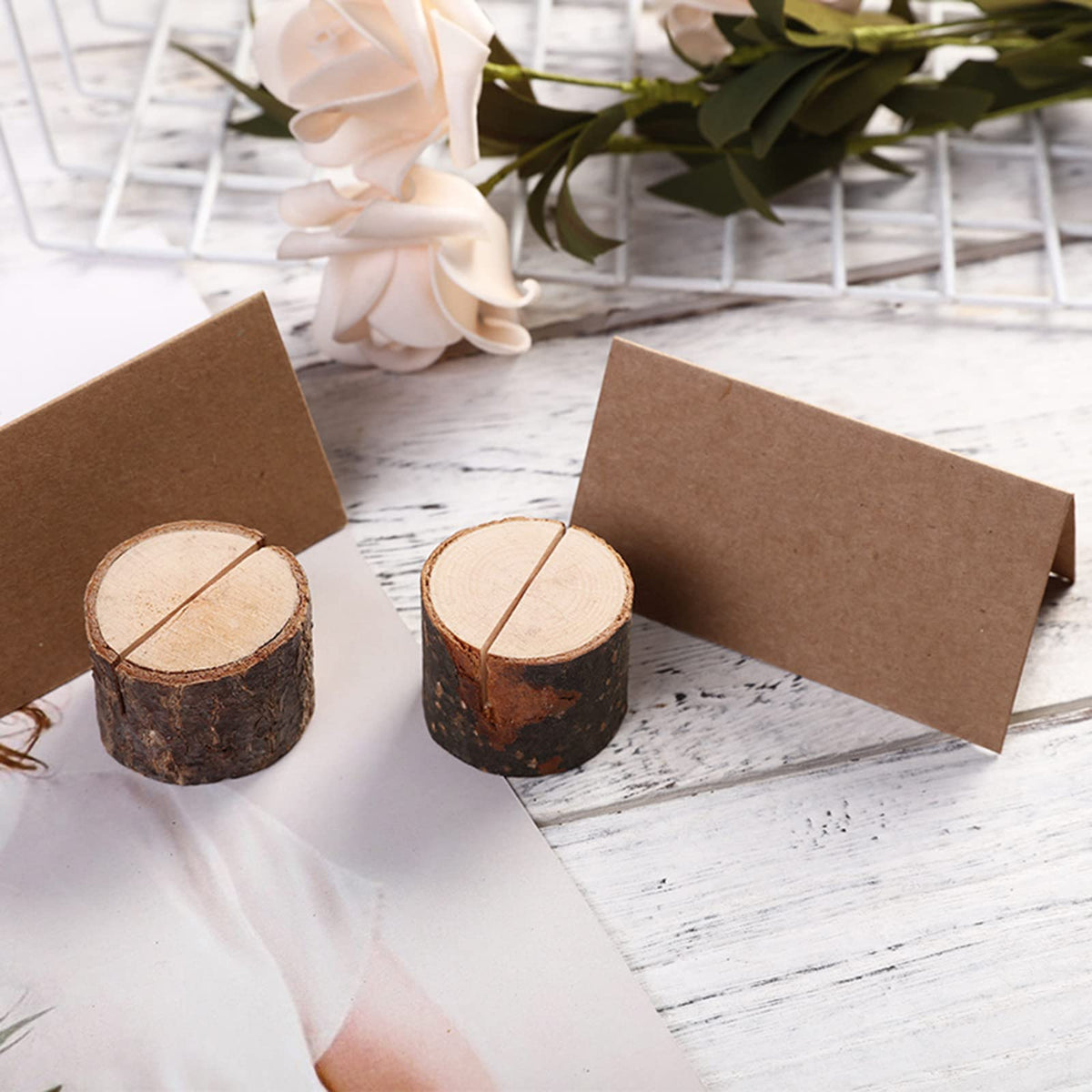 Tosnail craft project display using wooden card holders for photos