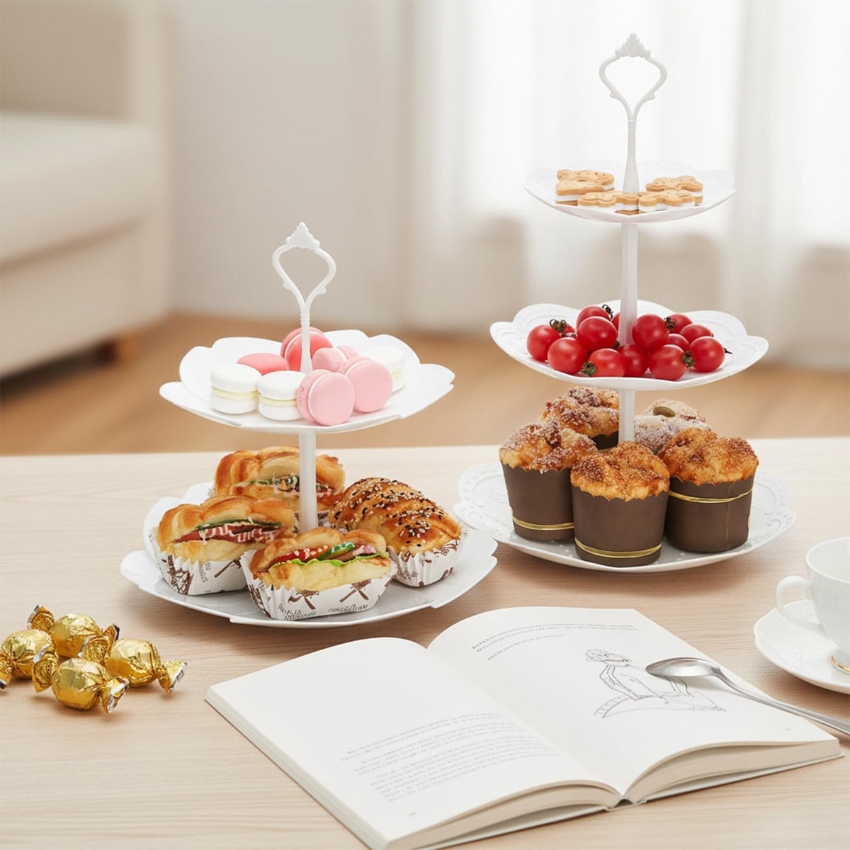 Tosnail square 3-tier stand holds snacks on a tiered backdrop