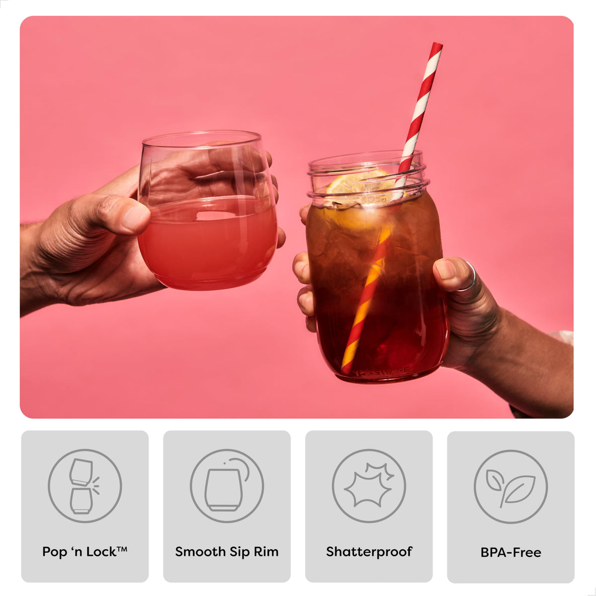 TOSSWARE POP 14oz wine glasses stackable close-up; easy storage between celebrations.