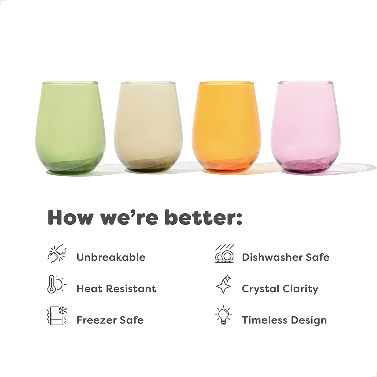 TOSSWARE Reserve 16oz stemless wine glass with crystal-clear appearance for wine and cocktails.