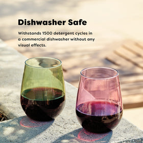 TOSSWARE Reserve 16oz stemless wine glass is dishwasher safe for easy cleanup.