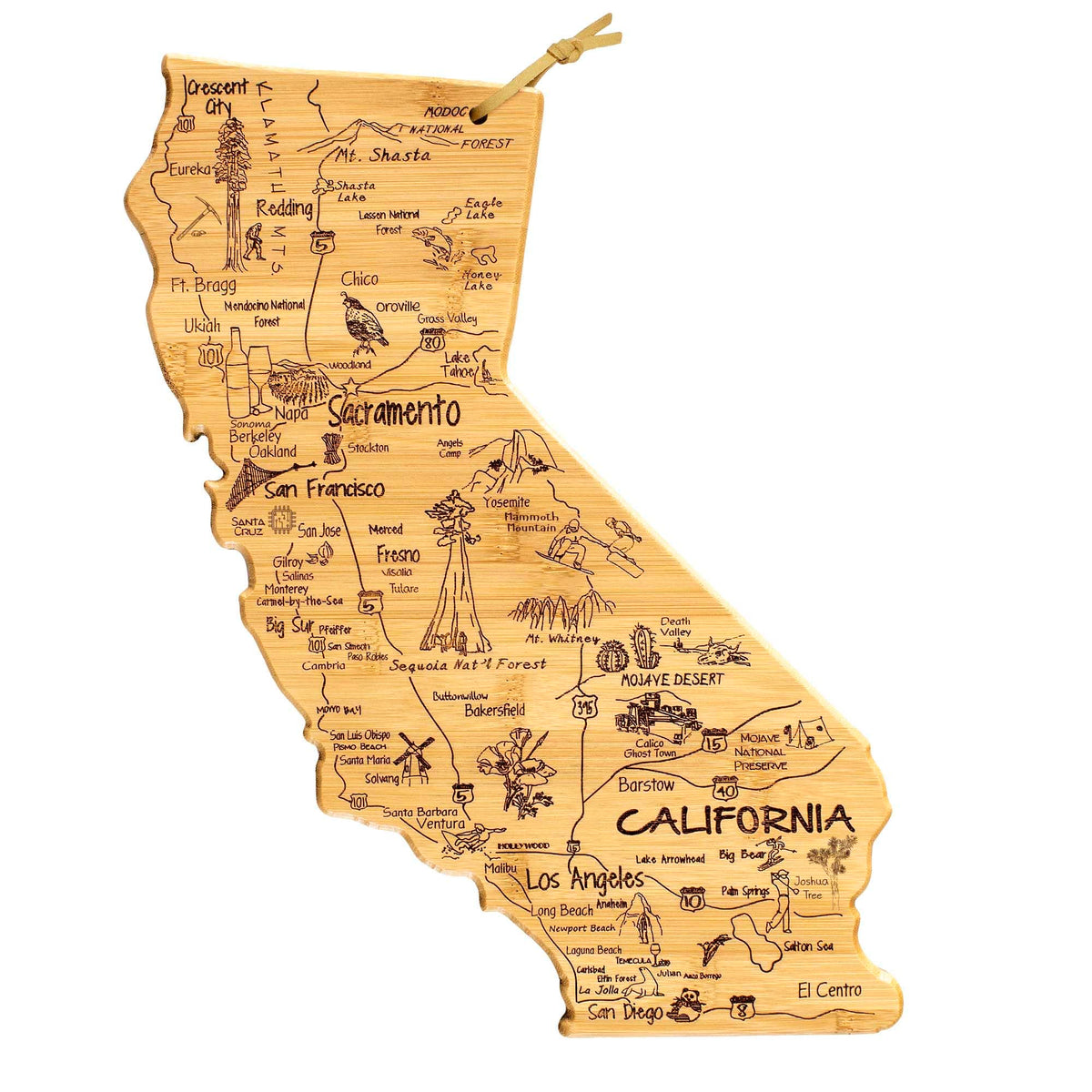 Totally Bamboo Destination California cutting board front view with engraved landmarks, ideal for entertaining.