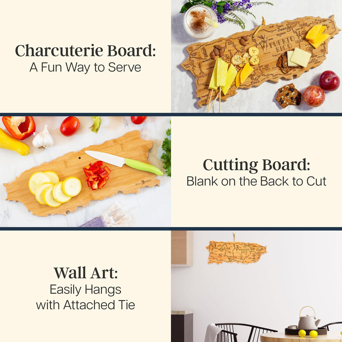 Totally Bamboo Puerto Rico charcuterie board with engraved front for cheese and appetizers.
