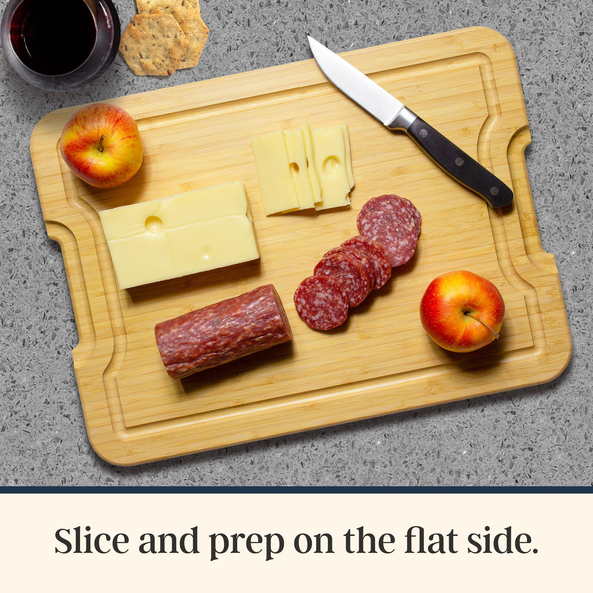 Totally Bamboo reversible board doubles as prep surface and serving tray.