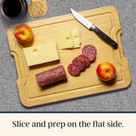 Totally Bamboo reversible board doubles as prep surface and serving tray.