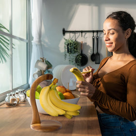 Acacia wood stand with sturdy metal hook for secure banana storage