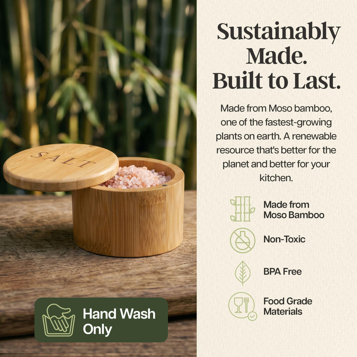 Totally Bamboo salt cellar sits neatly on the countertop