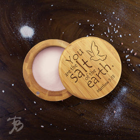 Totally Bamboo salt cellar with engraved lid showing You are the Salt of the Earth.