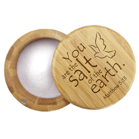 Totally Bamboo salt cellar with magnetic lid on kitchen counter for quick seasoning.