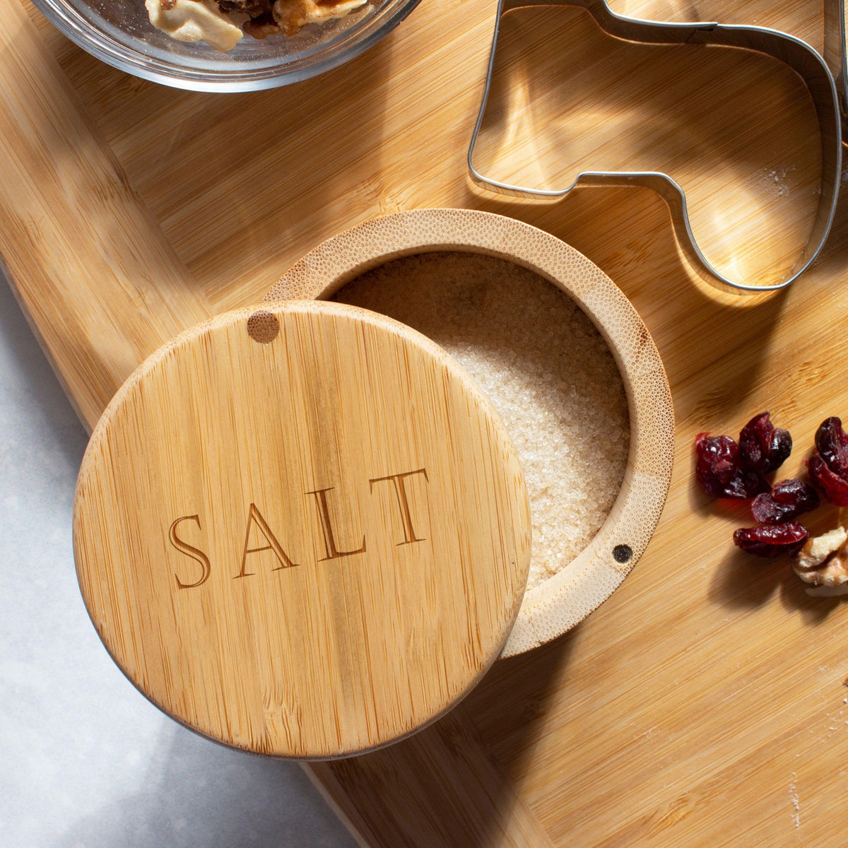 Totally Bamboo salt cellar swivel lid enables one-handed access