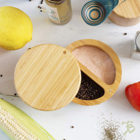 Totally Bamboo Salt Keeper Duet showing magnetic swivel lid for quick access