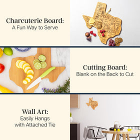 Totally Bamboo Texas state charcuterie board showcased with cheese for entertaining gatherings.
