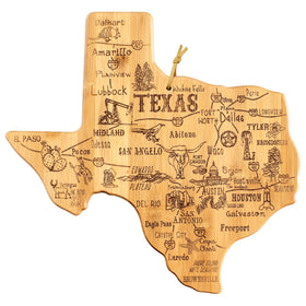 Totally Bamboo Texas state cutting board with engraved cities for warm kitchen decor and conversation.