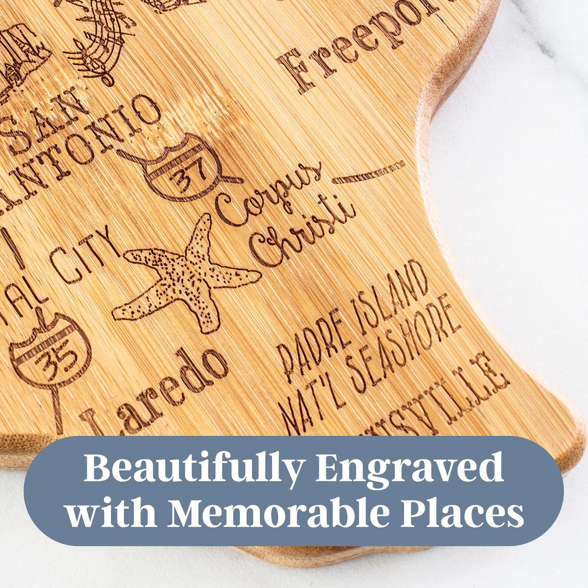 Totally Bamboo Texas state cutting board reverse surface ideal for slicing prep.