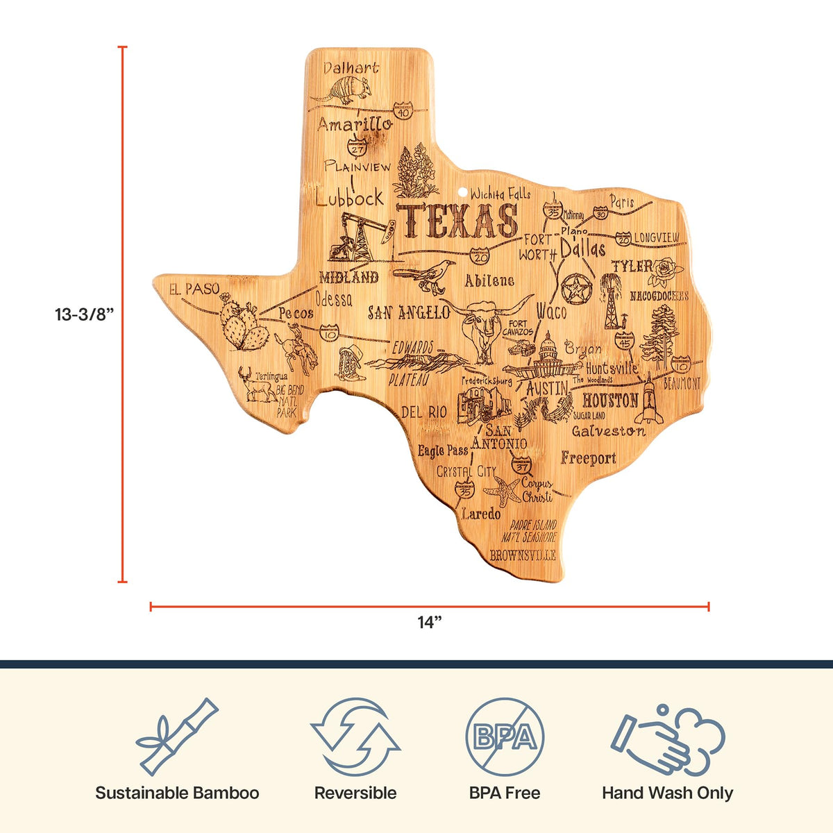 Totally Bamboo Texas board with hang tie for easy wall display.