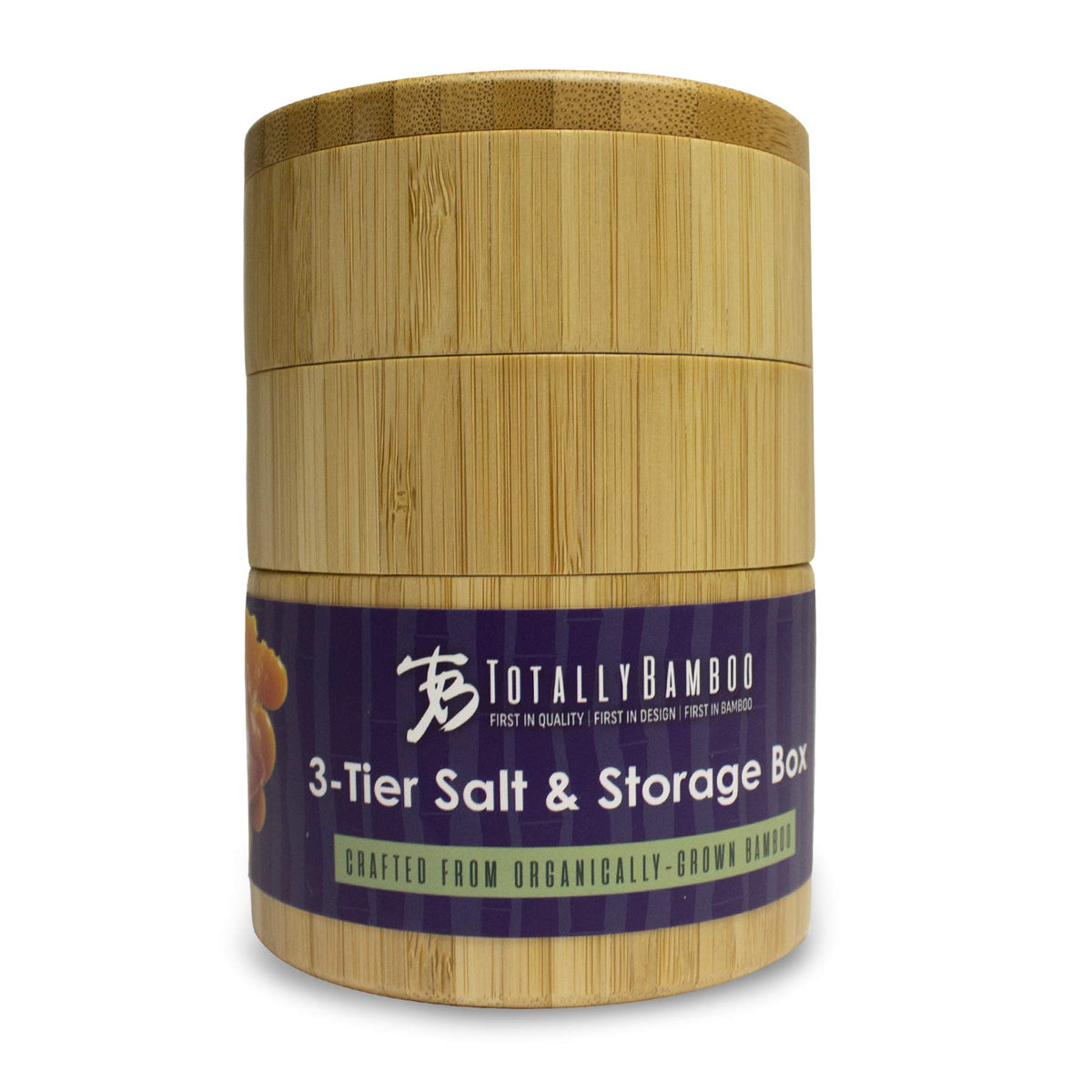 Totally Bamboo Triple Salt Cellar bottom-compartment angle illustrates ample 1⅓ cup capacity.
