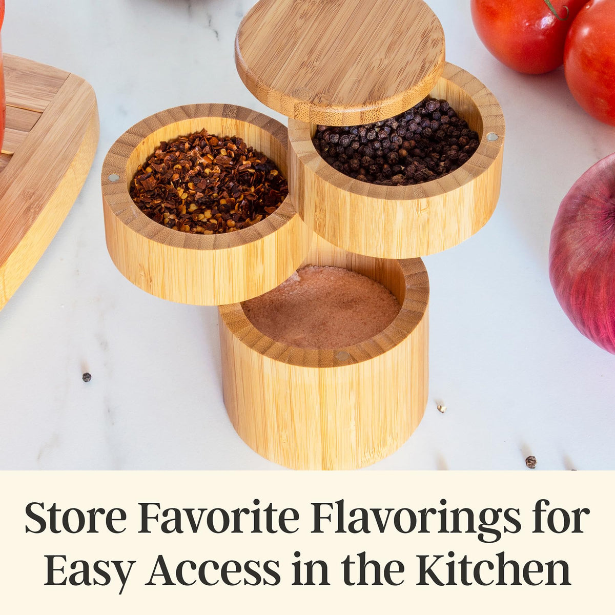 Totally Bamboo Triple Salt Cellar lid-open close-up shows magnetic lids for quick one-handed seasoning.