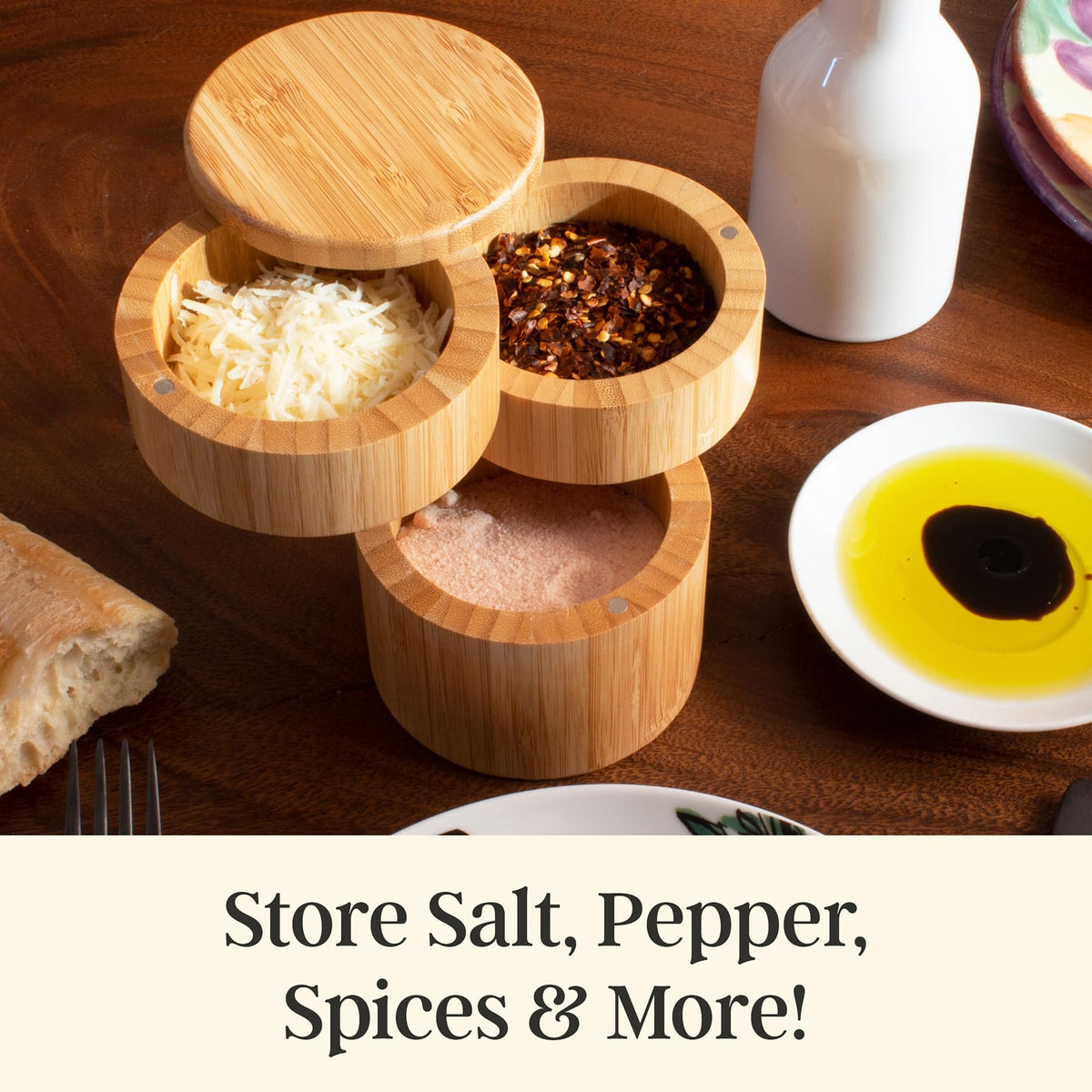 Totally Bamboo Triple Salt Cellar mid-compartment view demonstrates easy access to salt and pepper.