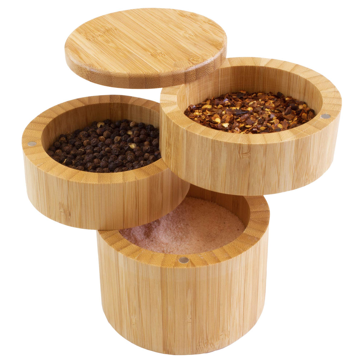 Totally Bamboo Triple Salt Cellar top view highlights organized three-tier storage for spices.