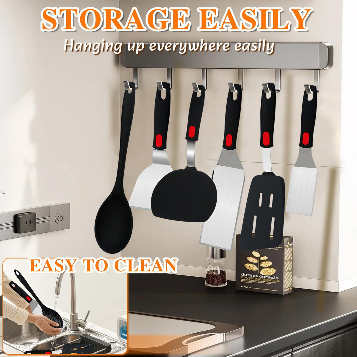 TOTDTDA Spatula Set 6-Piece hanging holes for convenient wall storage.