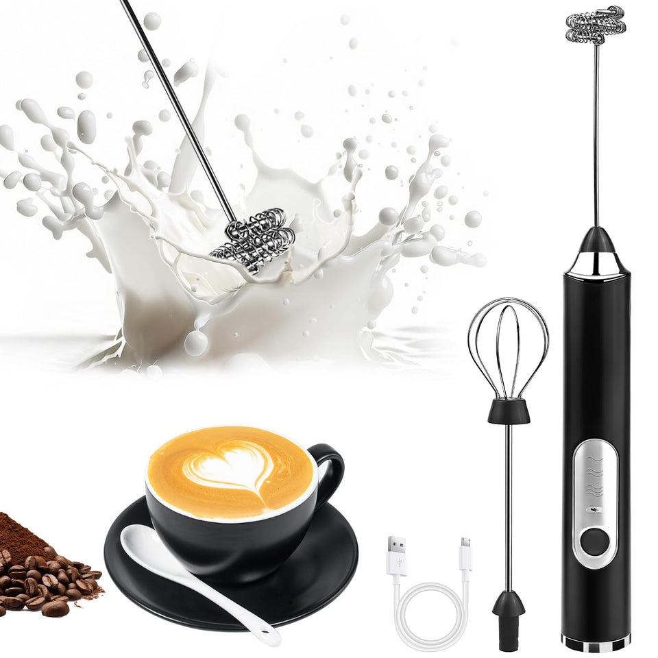 Toughwild handheld milk frother in black with dual whisks for creamy latte foam.