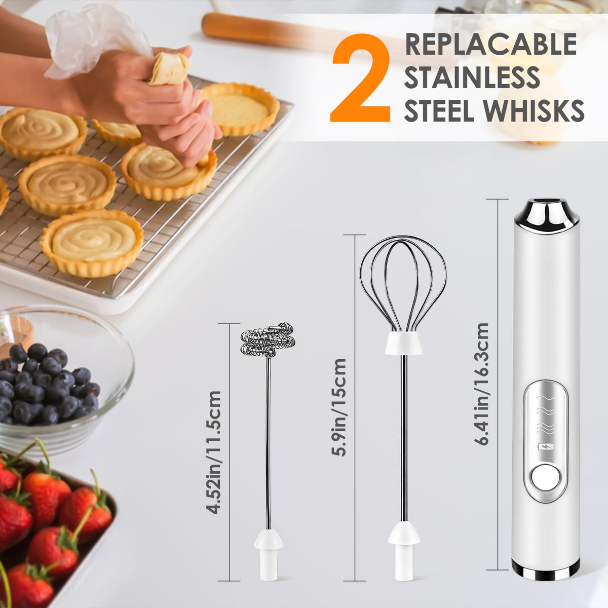 Toughwild milk frother handheld with two stainless whisks for dairy foam and eggs