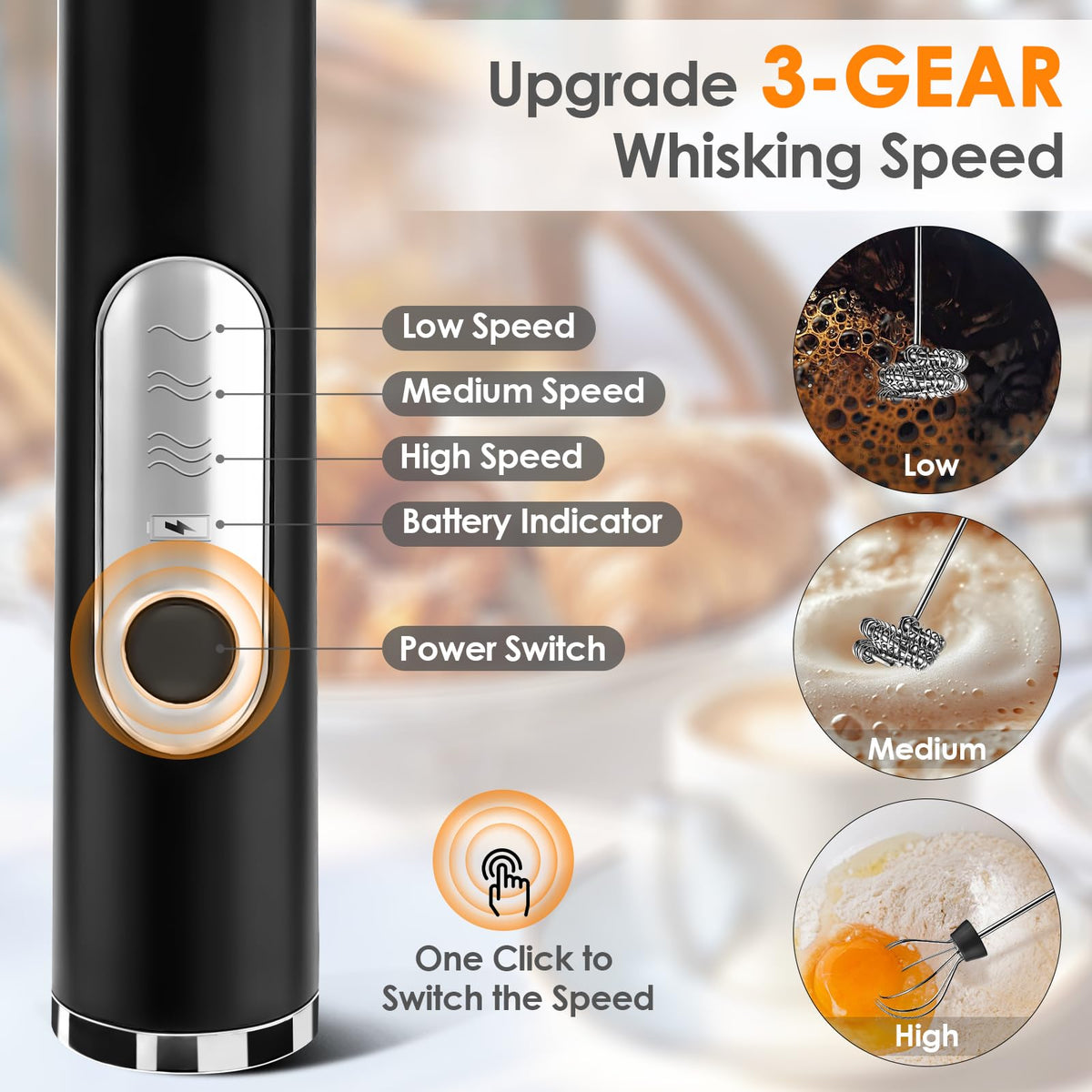 Toughwild frother with two stainless steel whisks for foam and whipping.