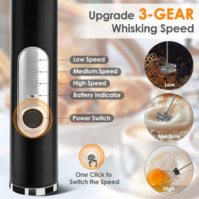 Toughwild frother with two stainless steel whisks for foam and whipping.