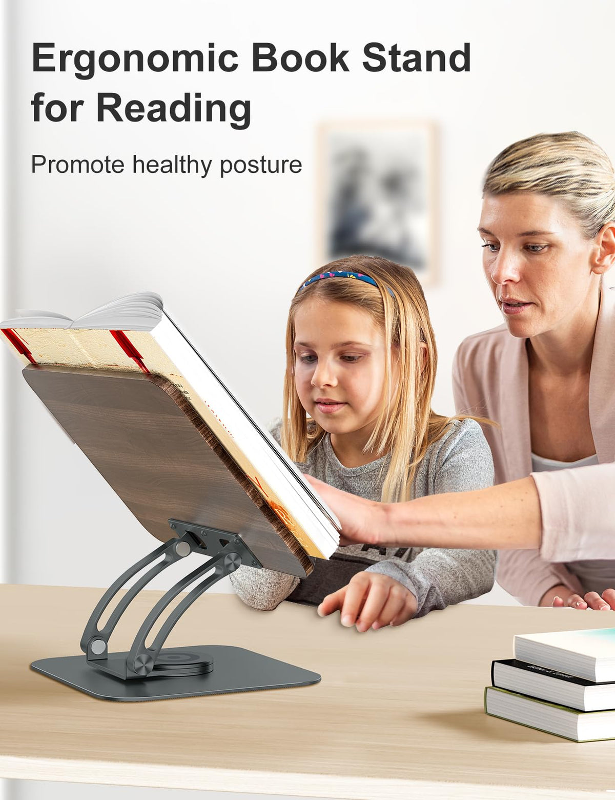 Tounee foldable cookbook stand shown with recipe pages open and compact when stored.