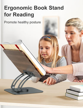 Tounee foldable cookbook stand shown with recipe pages open and compact when stored.