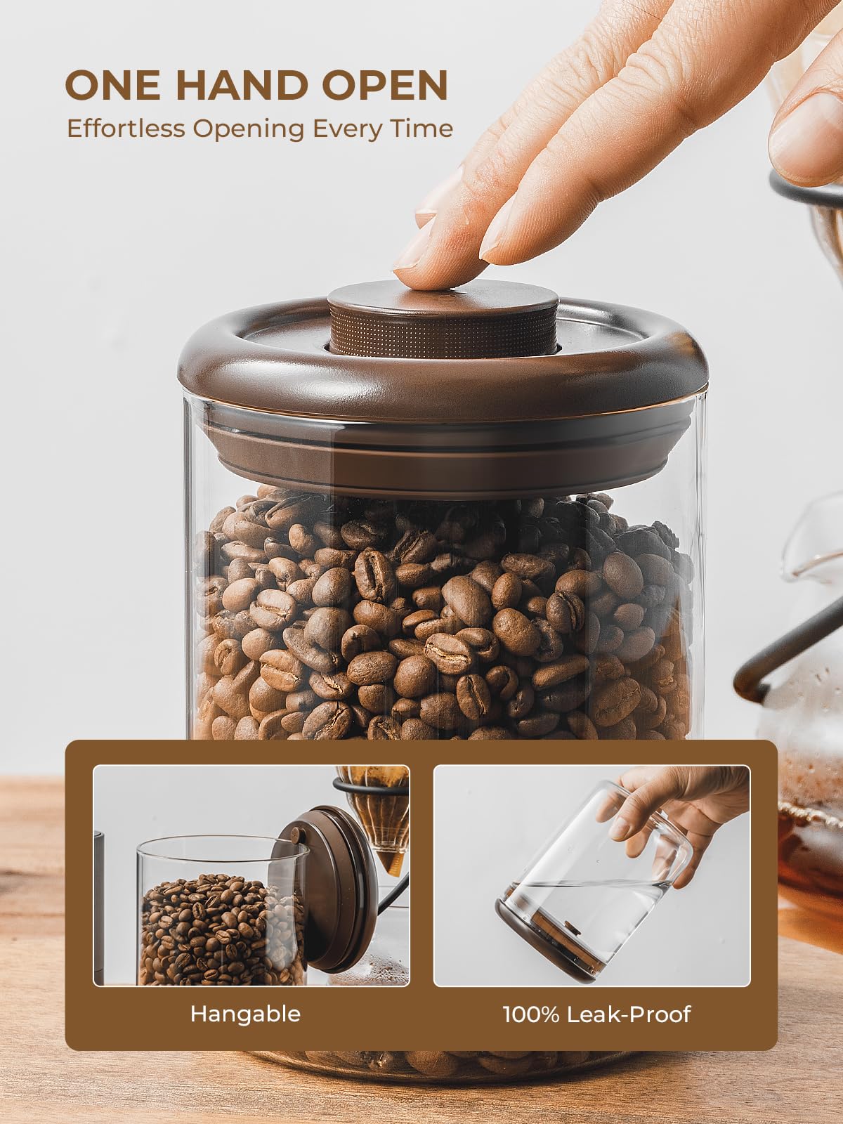 Clear borosilicate glass shows bean color and freshness