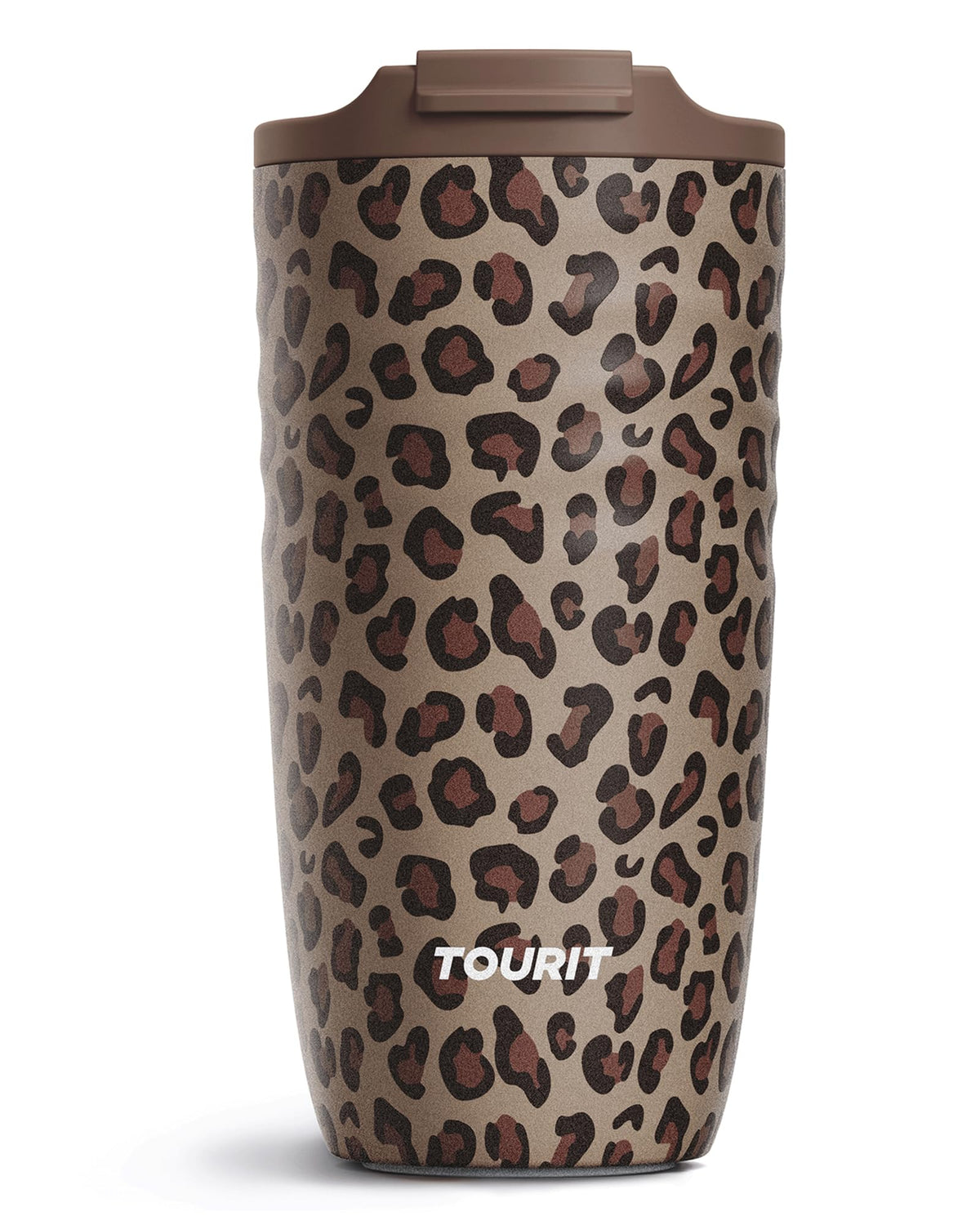 TOURIT 16oz travel mug front view in brown leopard pattern for daily commuting.