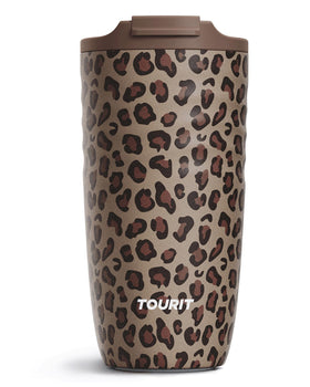 TOURIT 16oz travel mug front view in brown leopard pattern for daily commuting.