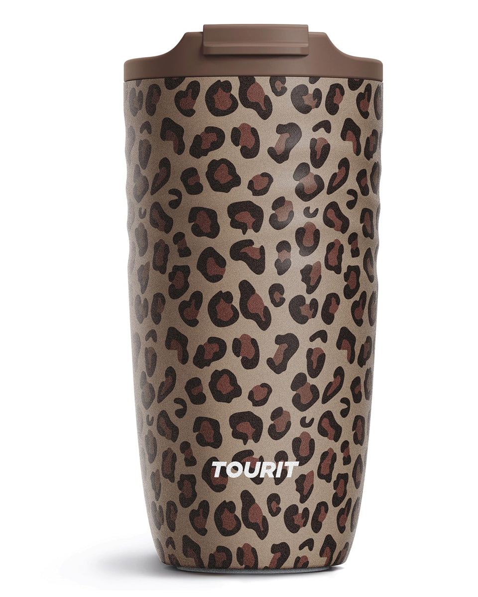 TOURIT 16oz travel mug front view in brown leopard pattern for daily commuting.